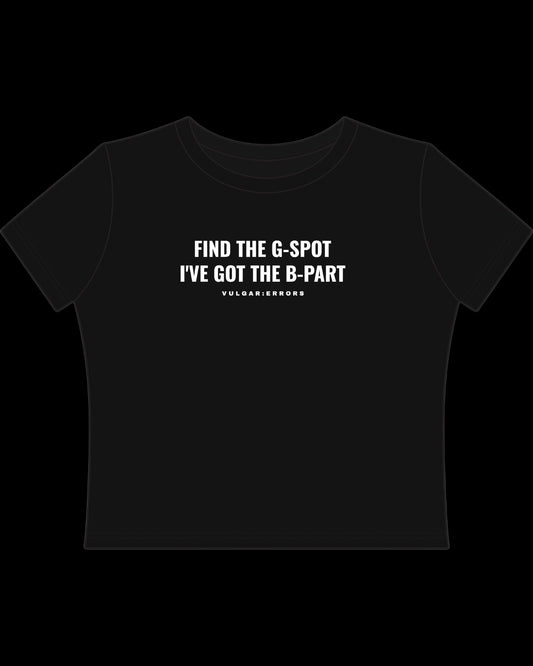 Vulgar Errors The B-Part Baby Tee with white chest slogan print on fitted black cotton