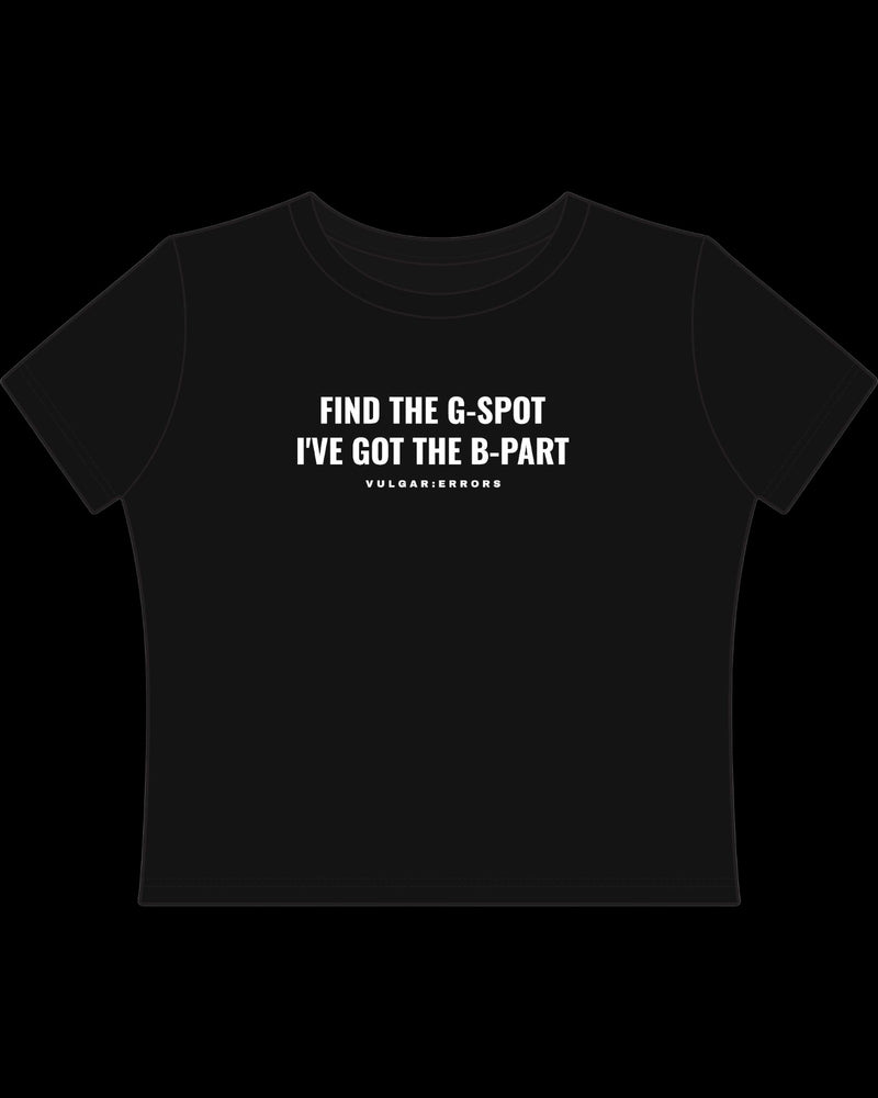 Vulgar Errors The B-Part Baby Tee with white chest slogan print on fitted black cotton