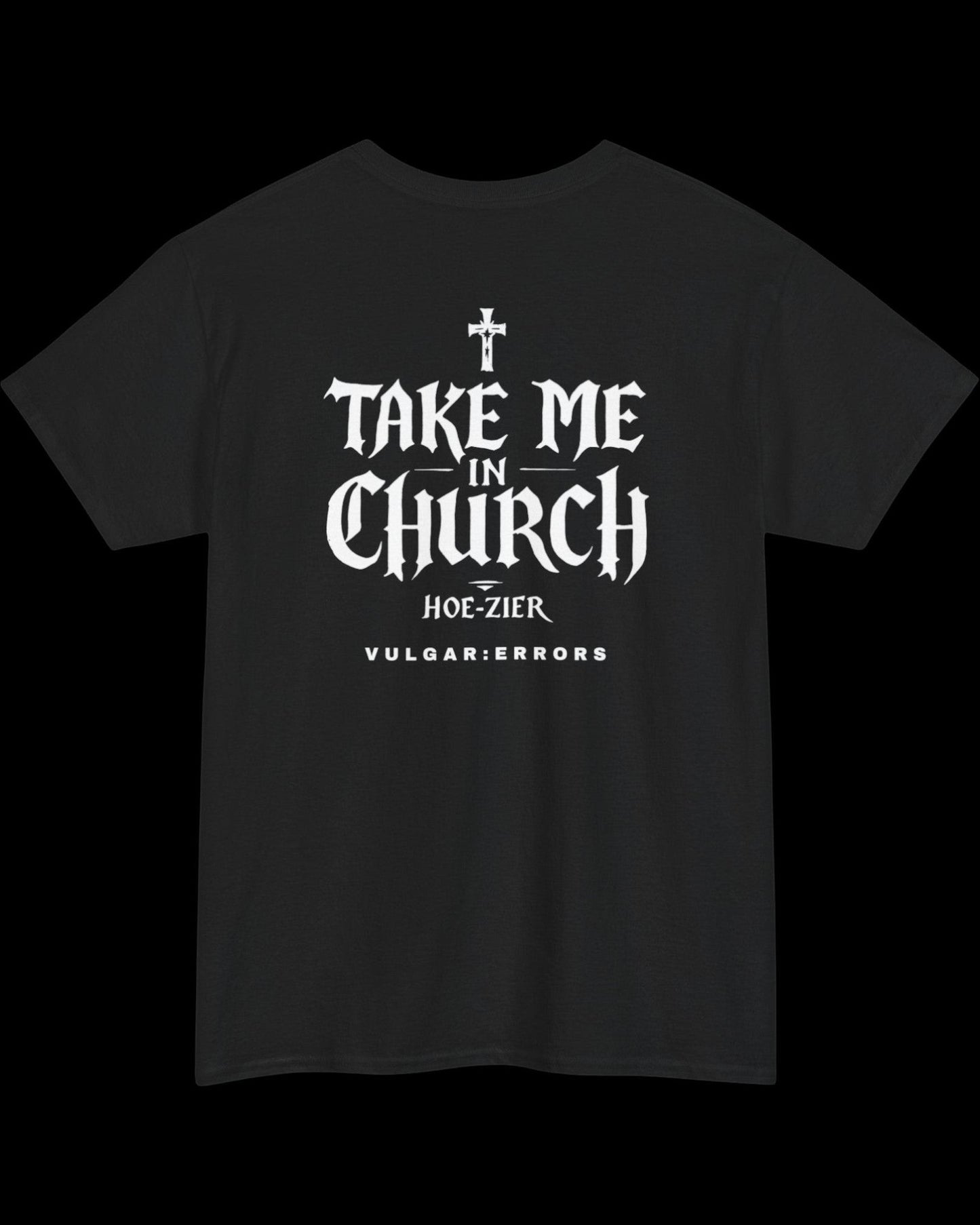Side view of black The Congregation T-shirt showing fit and sleeve length