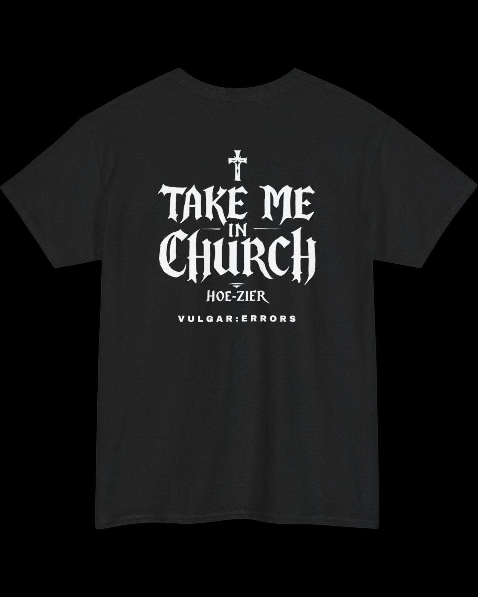Side view of black The Congregation T-shirt showing fit and sleeve length