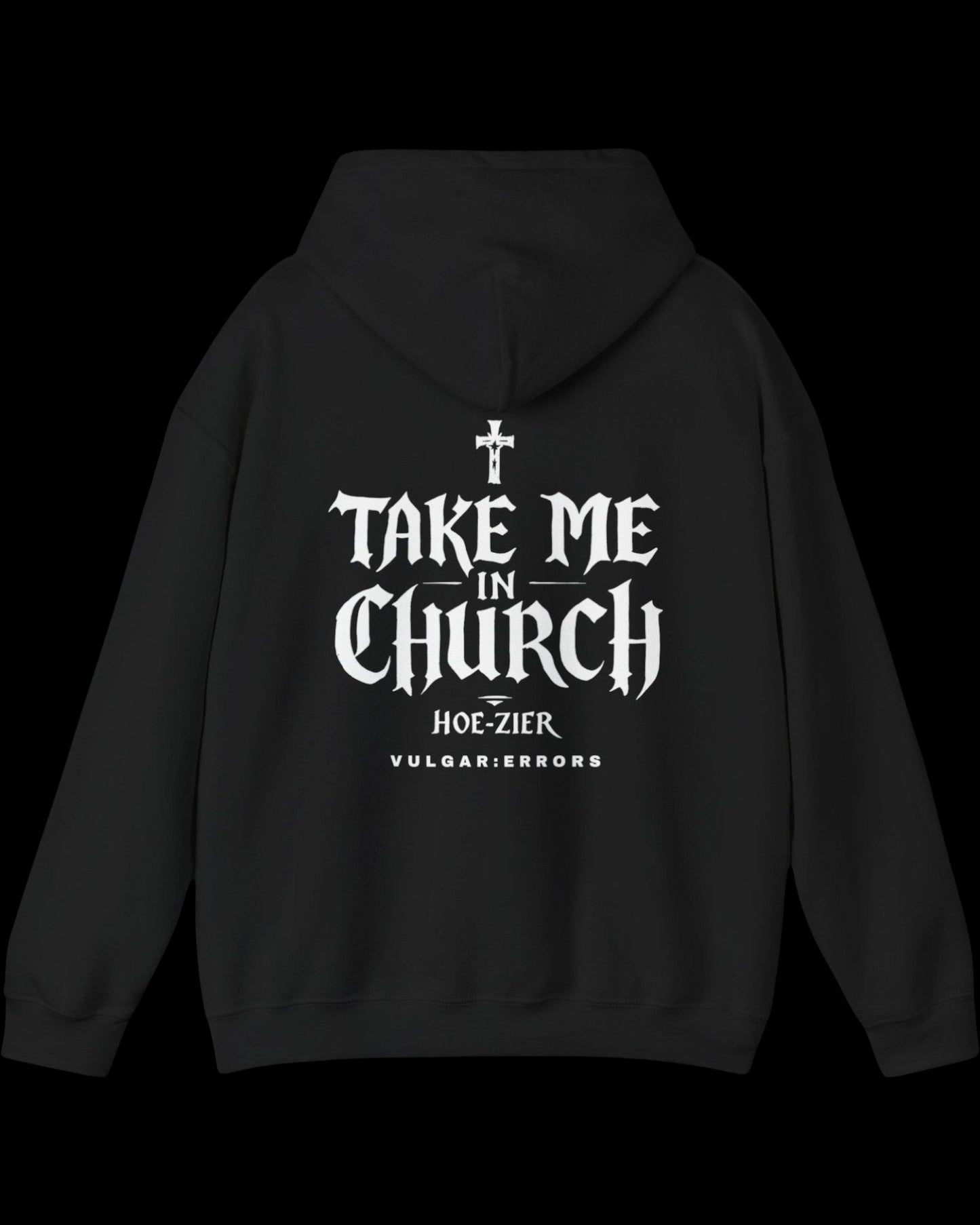 Vulgar Errors The Congregation Hoodie with large white back slogan print on black cotton