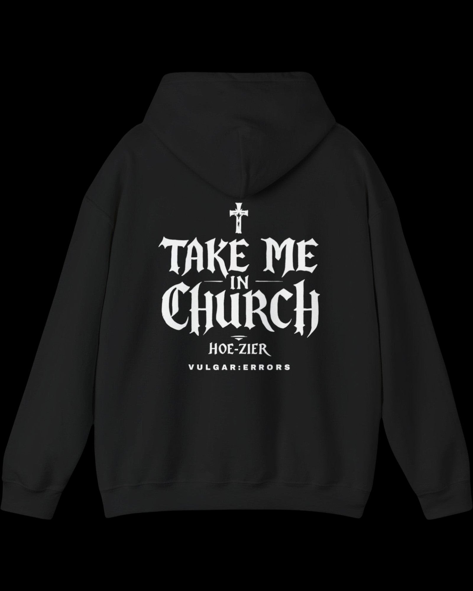 Vulgar Errors The Congregation Hoodie with large white back slogan print on black cotton
