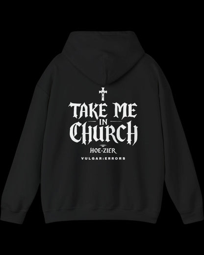 Vulgar Errors The Congregation Hoodie with large white back slogan print on black cotton