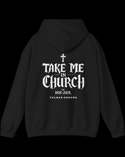 Vulgar Errors The Congregation Hoodie with large white back slogan print on black cotton