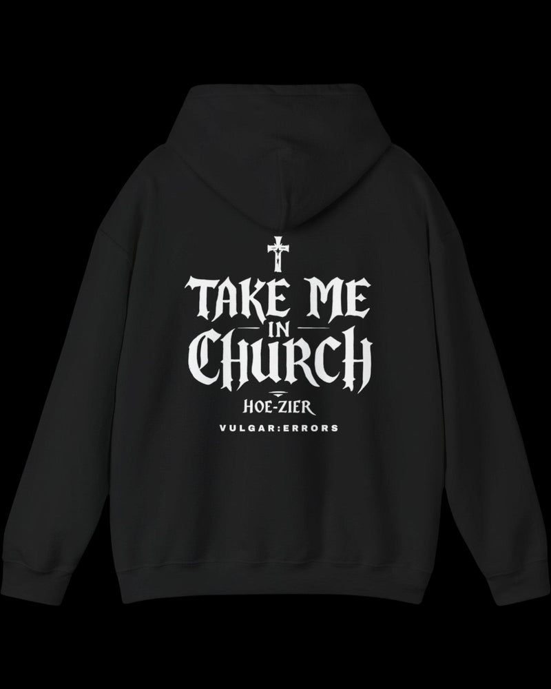 Vulgar Errors The Congregation Hoodie with large white back slogan print on black cotton