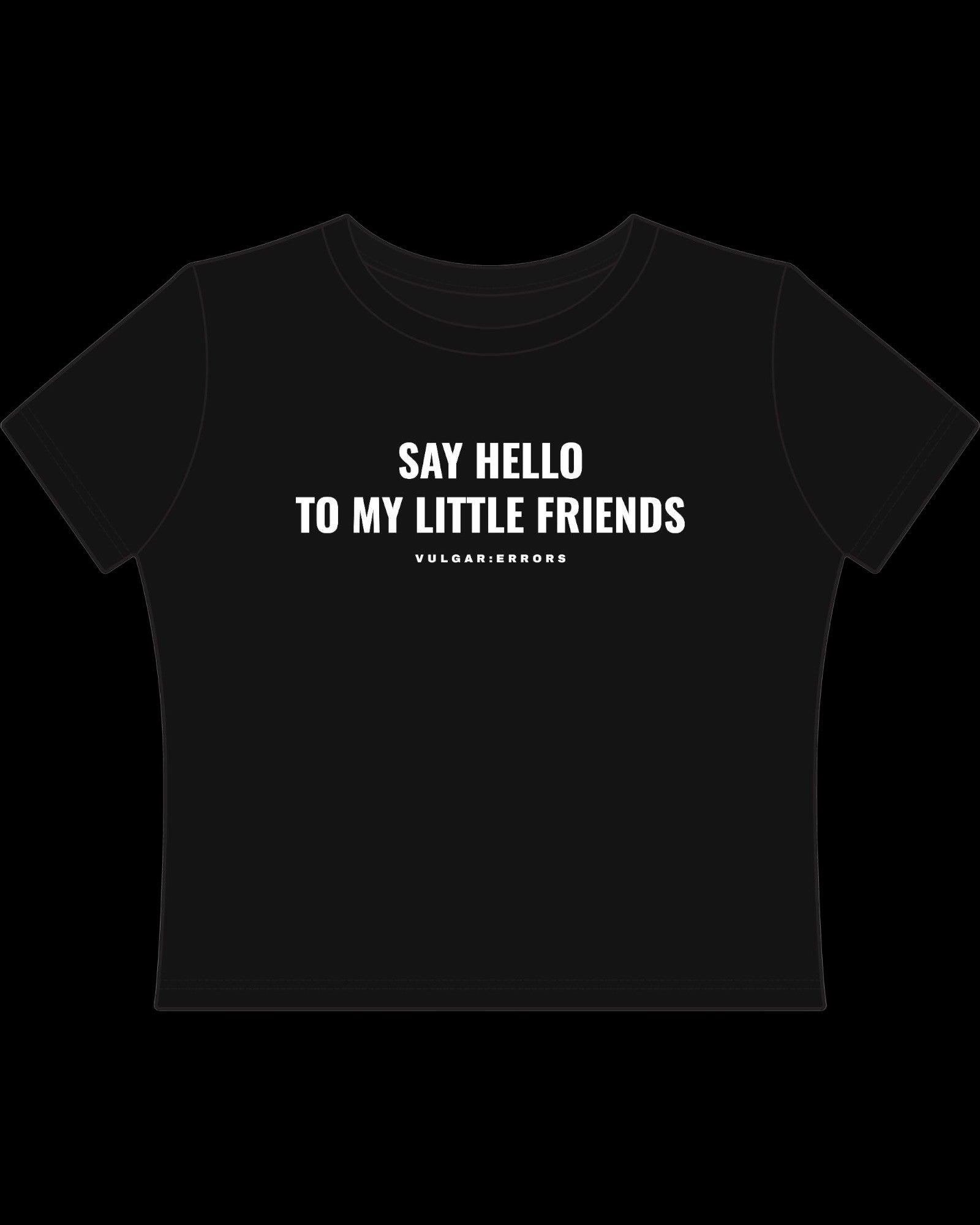 Back view of fitted black baby tee showing cropped shape, short sleeves, and clean cotton finish