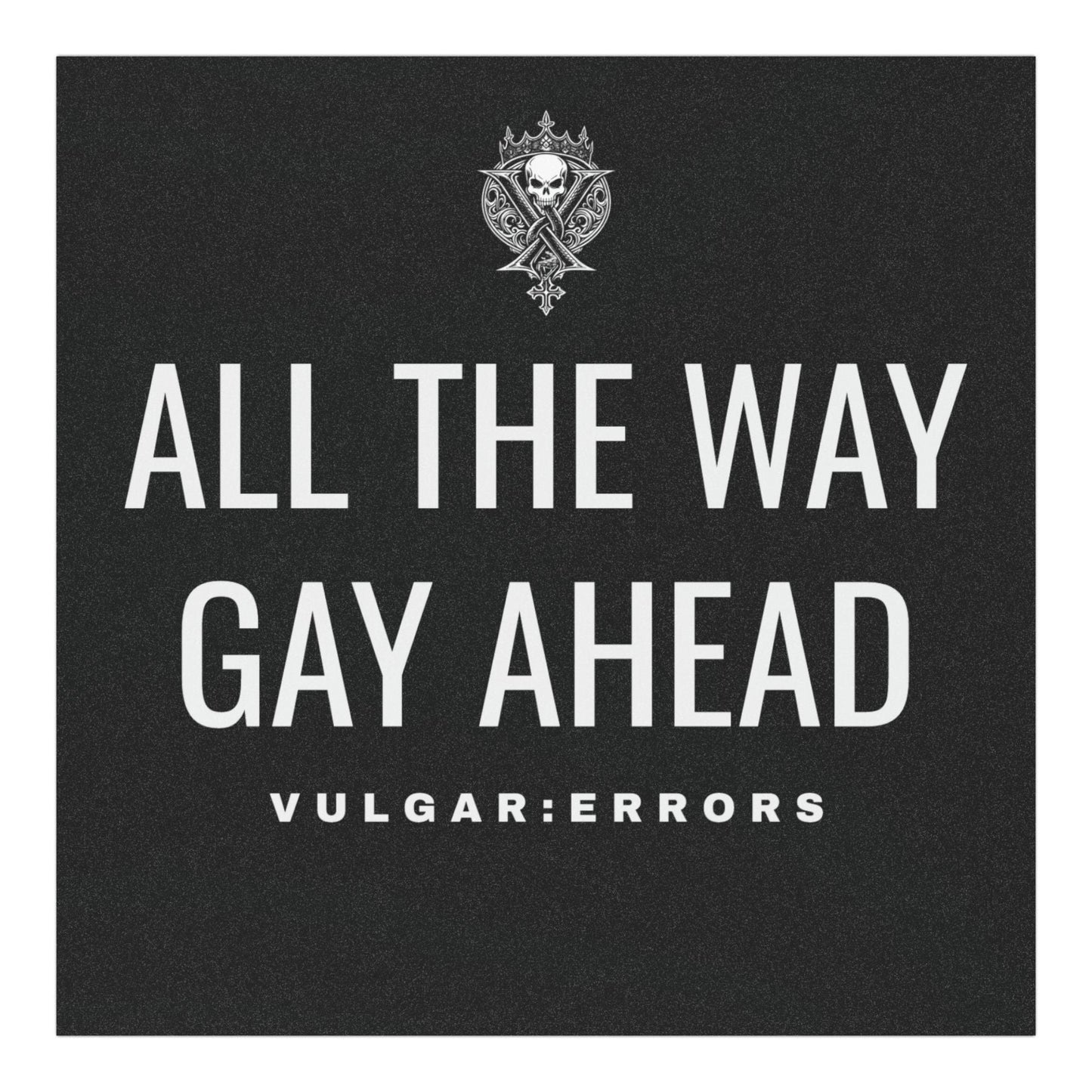 Inner neck label of the black "All The Way Gay Ahead — Car Magnet" Vulgar Errors home decor showing the printed care guide and size details