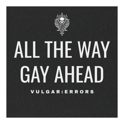 Inner neck label of the black "All The Way Gay Ahead — Car Magnet" Vulgar Errors home decor showing the printed care guide and size details