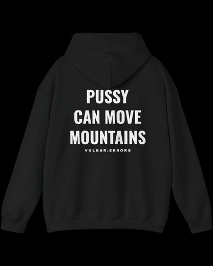 Vulgar Errors The Mountain Mover Hoodie with large white back slogan print on black cotton