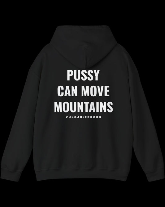 Vulgar Errors The Mountain Mover Hoodie with large white back slogan print on black cotton
