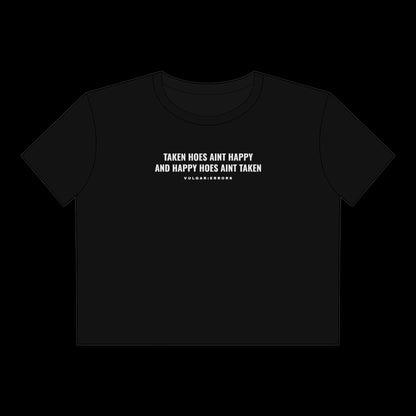 "Taken Hoes" Vulgar Errors cropped tee in black, back view showing the large white slogan back print