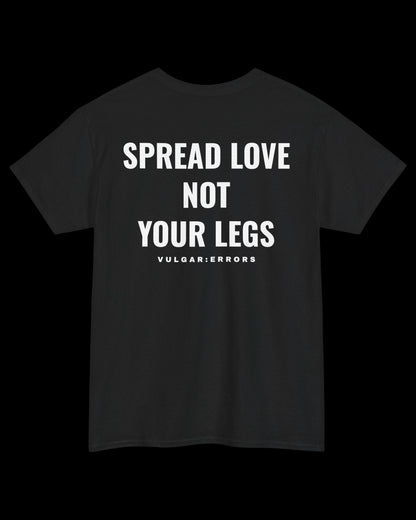 Vulgar Errors Spread Love T-Shirt with large white back slogan print on black cotton