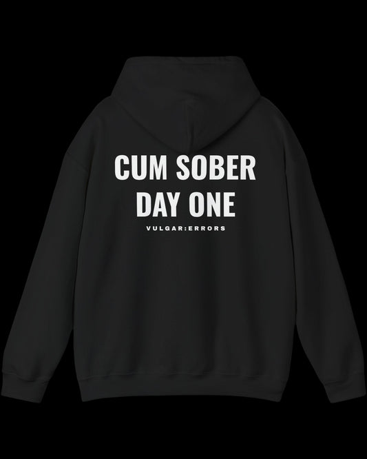 Vulgar Errors Sober Day One Hoodie with large white back slogan print on black cotton