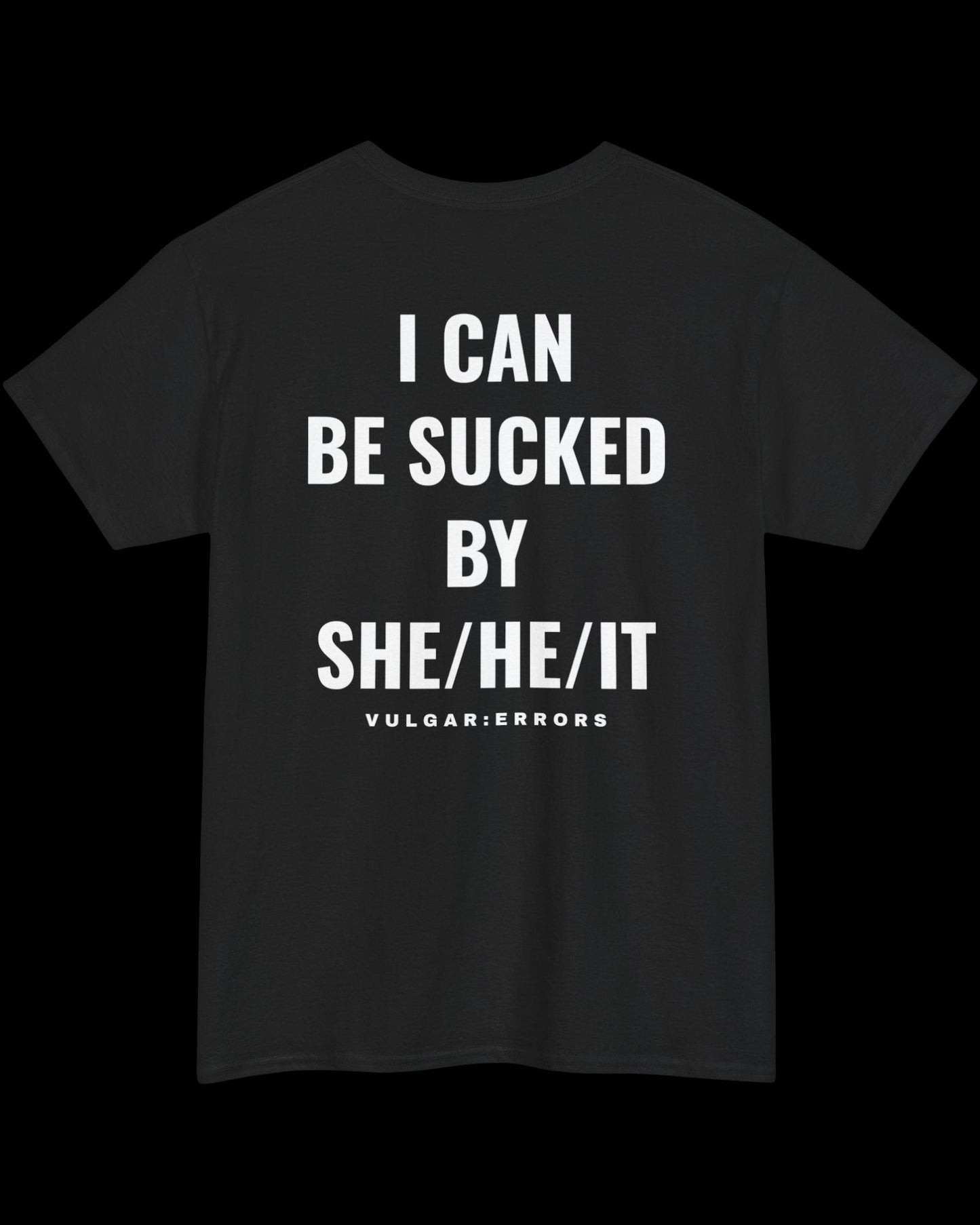 Vulgar Errors She/He/It T-Shirt with large white back slogan print on black cotton