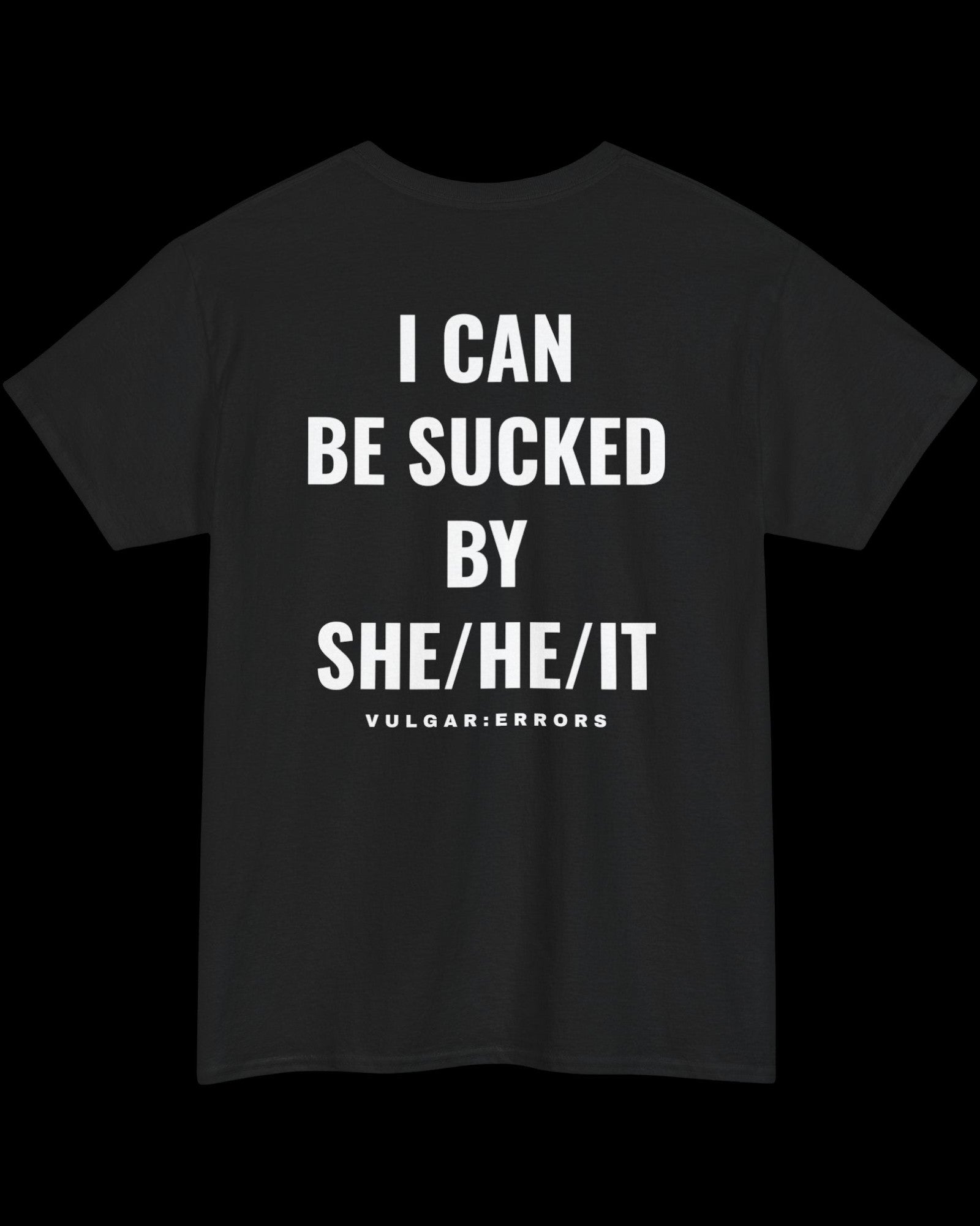 Vulgar Errors She/He/It T-Shirt with large white back slogan print on black cotton