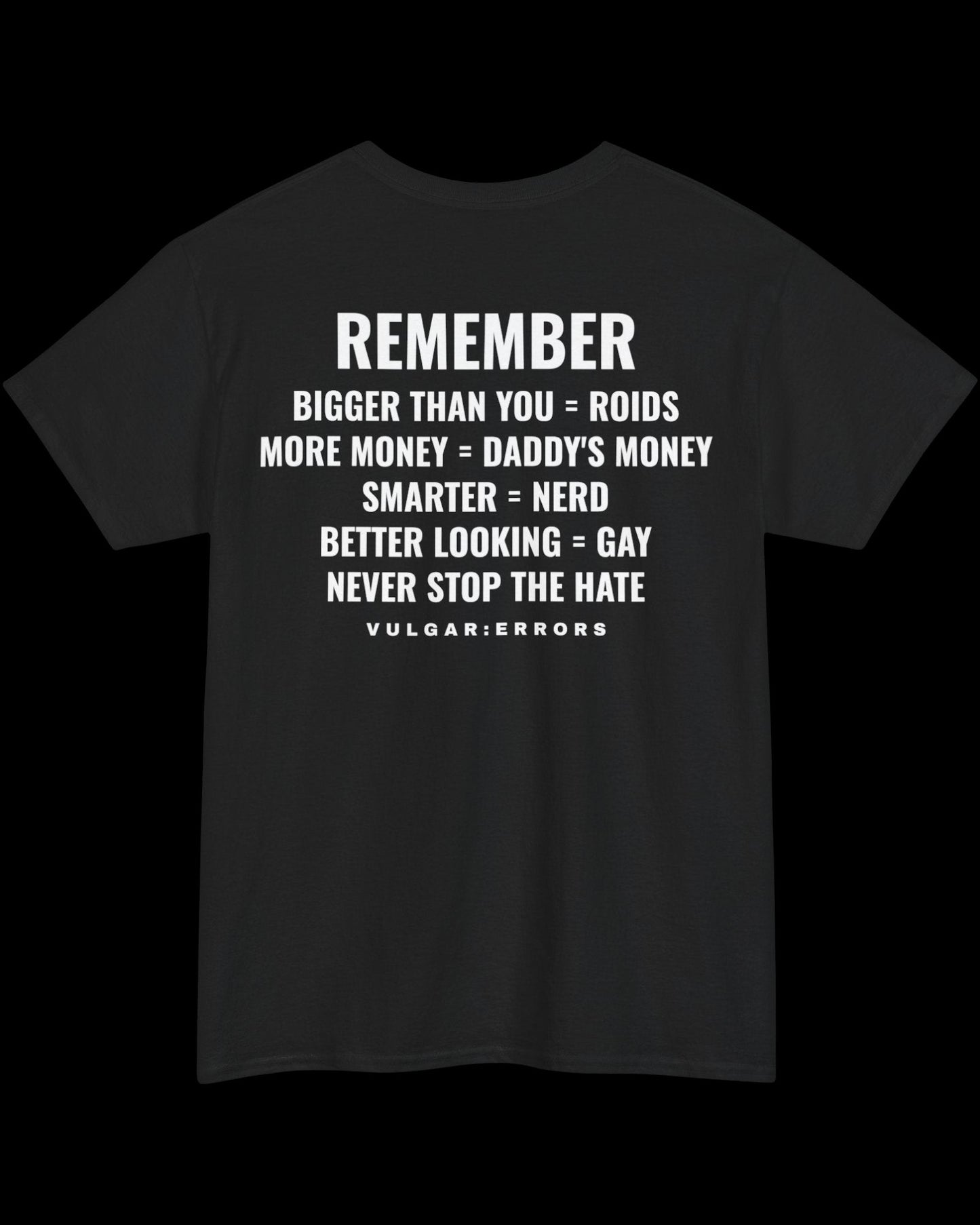 Vulgar Errors Remember T-Shirt with large white back slogan print on black cotton