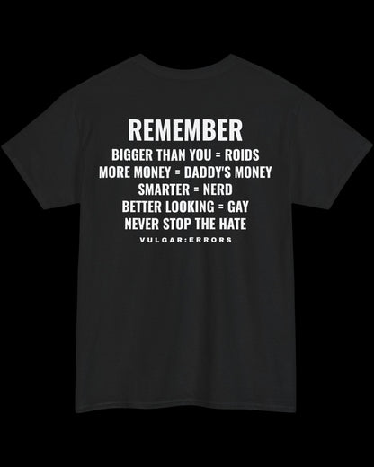 Vulgar Errors Remember T-Shirt with large white back slogan print on black cotton
