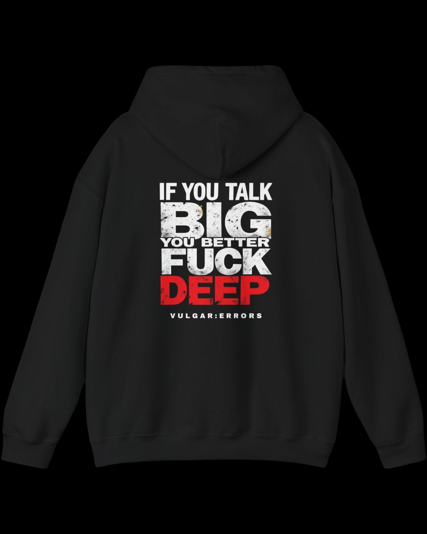 Front view of black hoodie with small white Vulgar Errors chest logo and crew neck fit