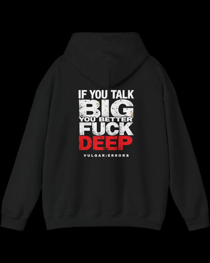 Front view of black hoodie with small white Vulgar Errors chest logo and crew neck fit