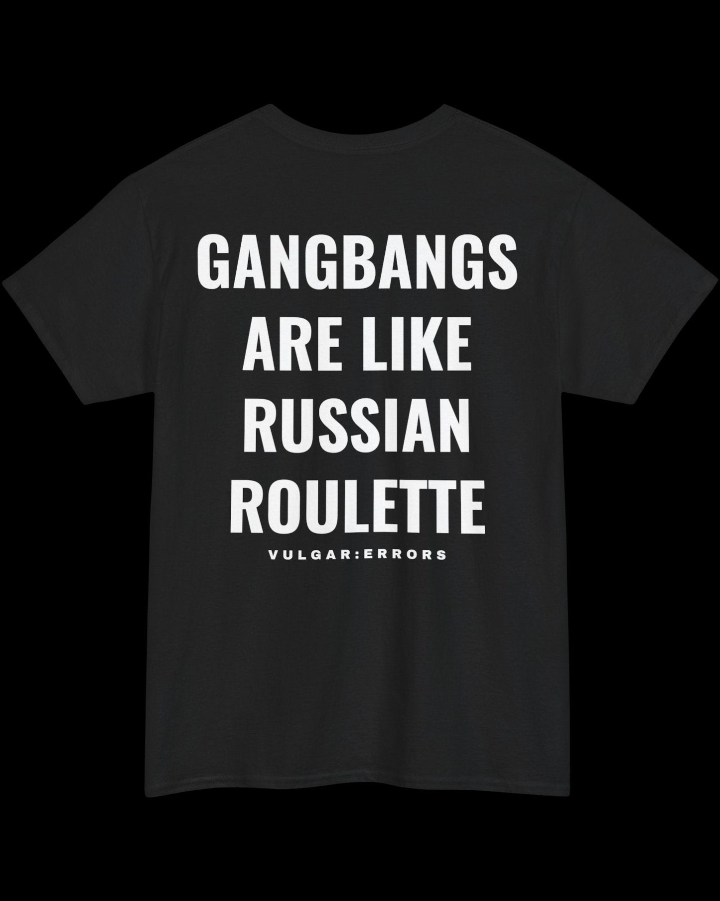 Front view of black T-shirt with small white Vulgar Errors chest logo and crew neck fit