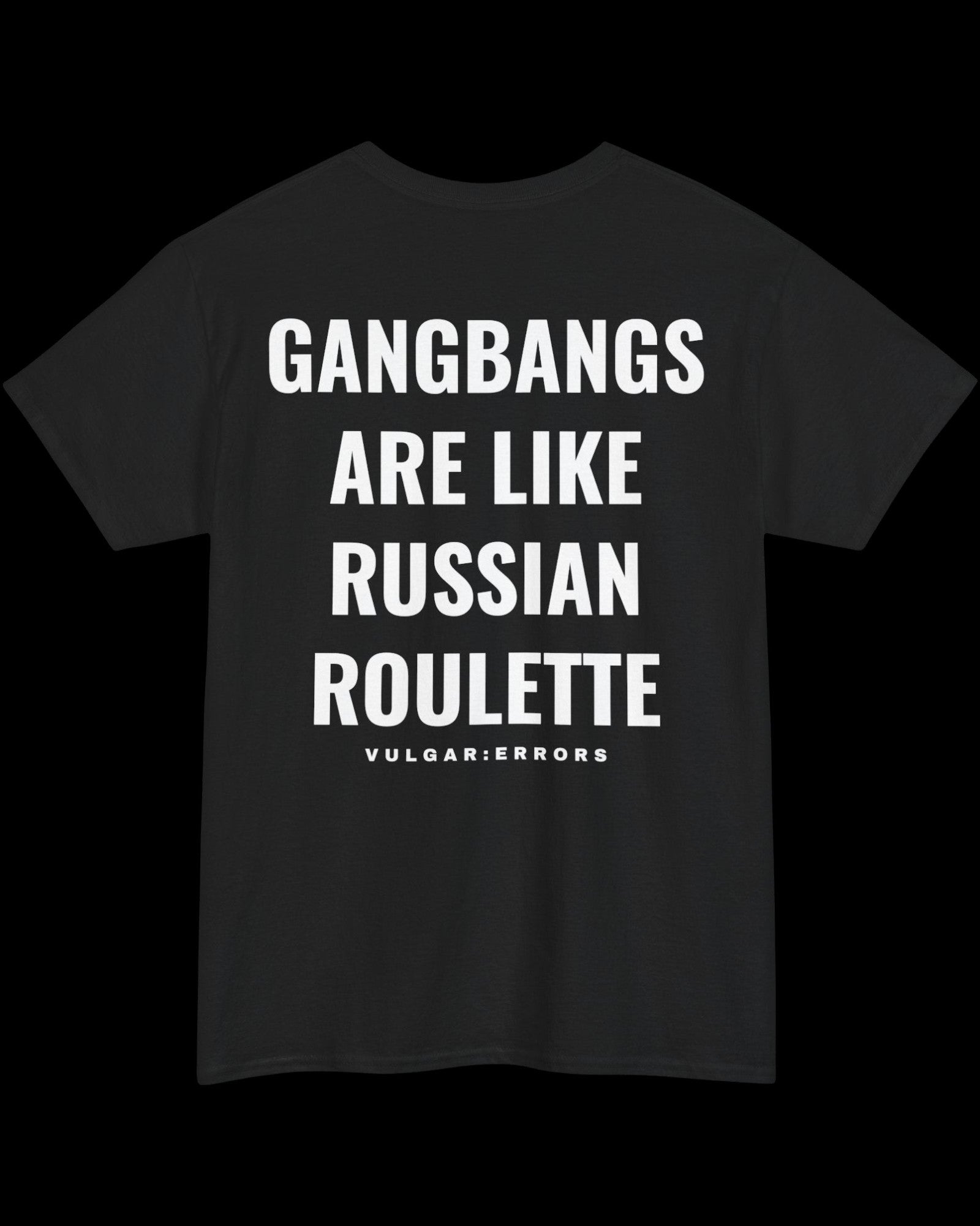 Front view of black T-shirt with small white Vulgar Errors chest logo and crew neck fit