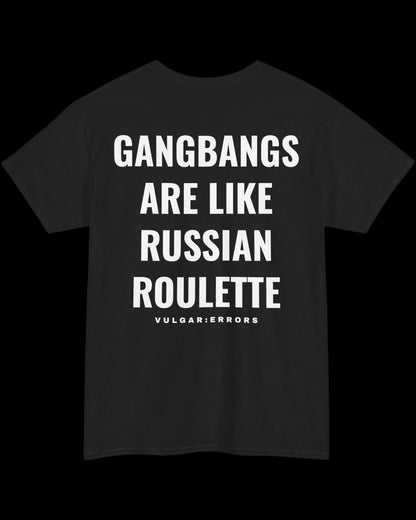 Front view of black T-shirt with small white Vulgar Errors chest logo and crew neck fit
