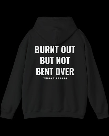 Vulgar Errors Burnt Out Hoodie with large white back slogan print on black cotton