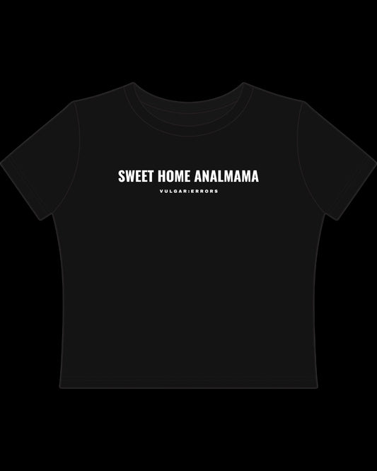 Vulgar Errors Sweet Home Mama Baby Tee with white chest slogan print on fitted black cotton