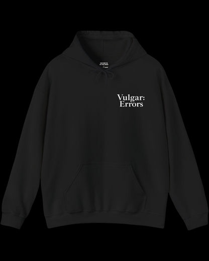 Front view of black hoodie with small white Vulgar Errors chest logo and crew neck fit