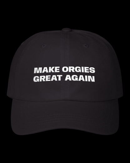 Vulgar Errors Make Orgies Great Again Hat with embroidered front slogan on black cotton cap