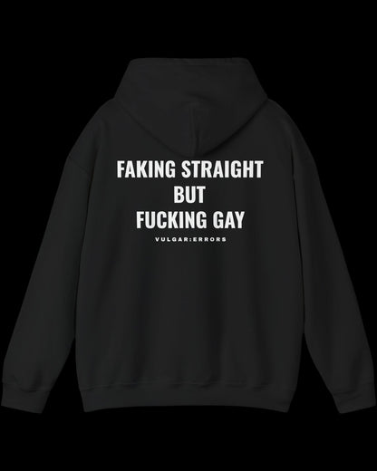 Vulgar Errors Faking for Lifetime Hoodie with large white back slogan print on black cotton