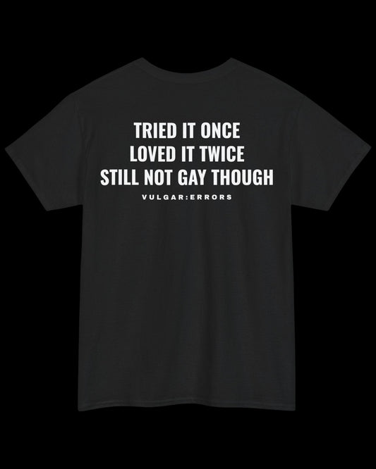 Vulgar Errors Tried It Once, Loved It Twice T-Shirt with large white back slogan print on black cotton