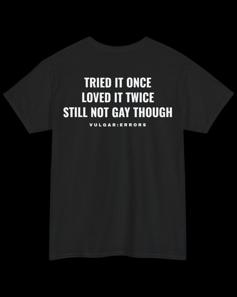 Vulgar Errors Tried It Once, Loved It Twice T-Shirt with large white back slogan print on black cotton