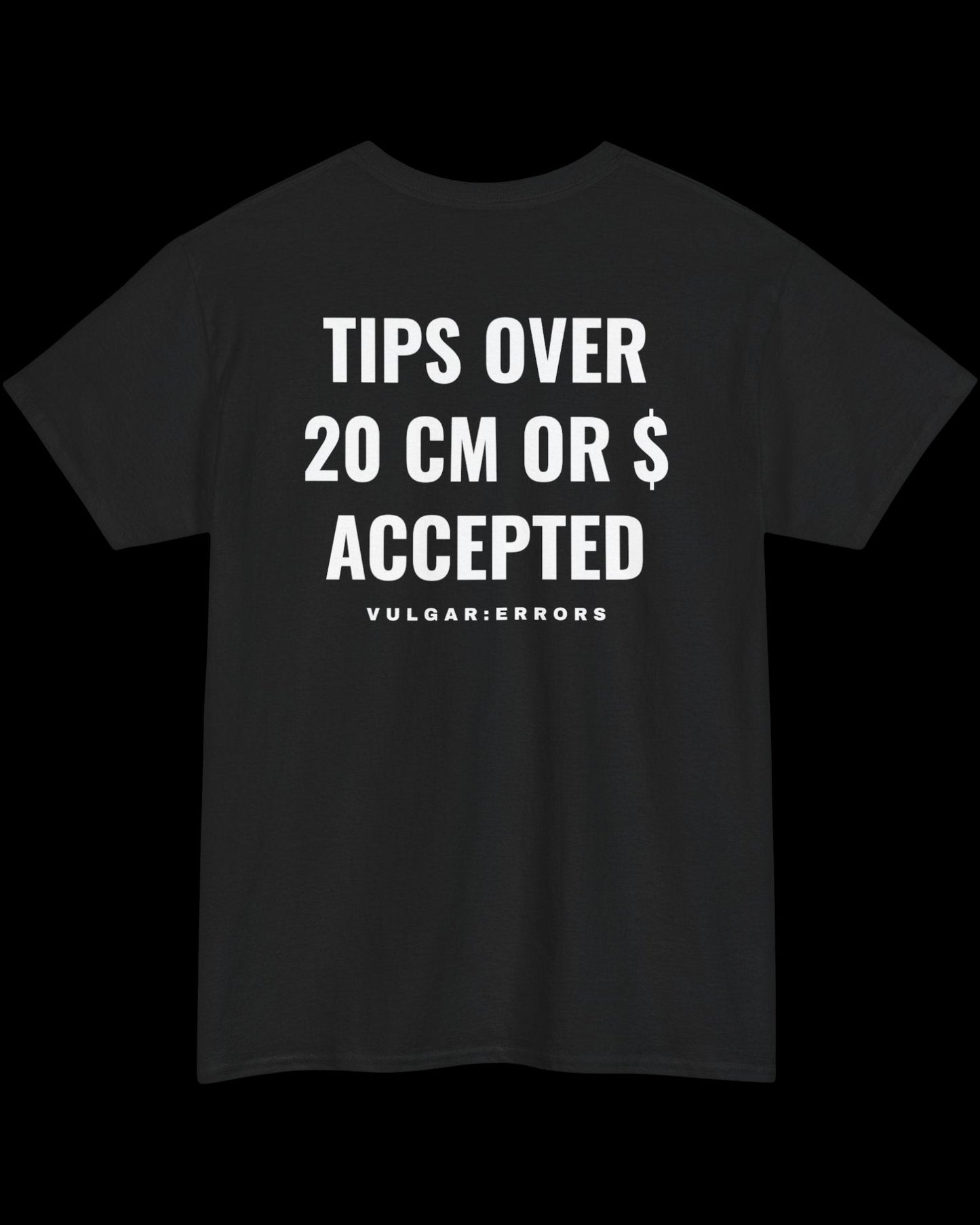 Front view of black T-shirt with small white Vulgar Errors chest logo and crew neck fit