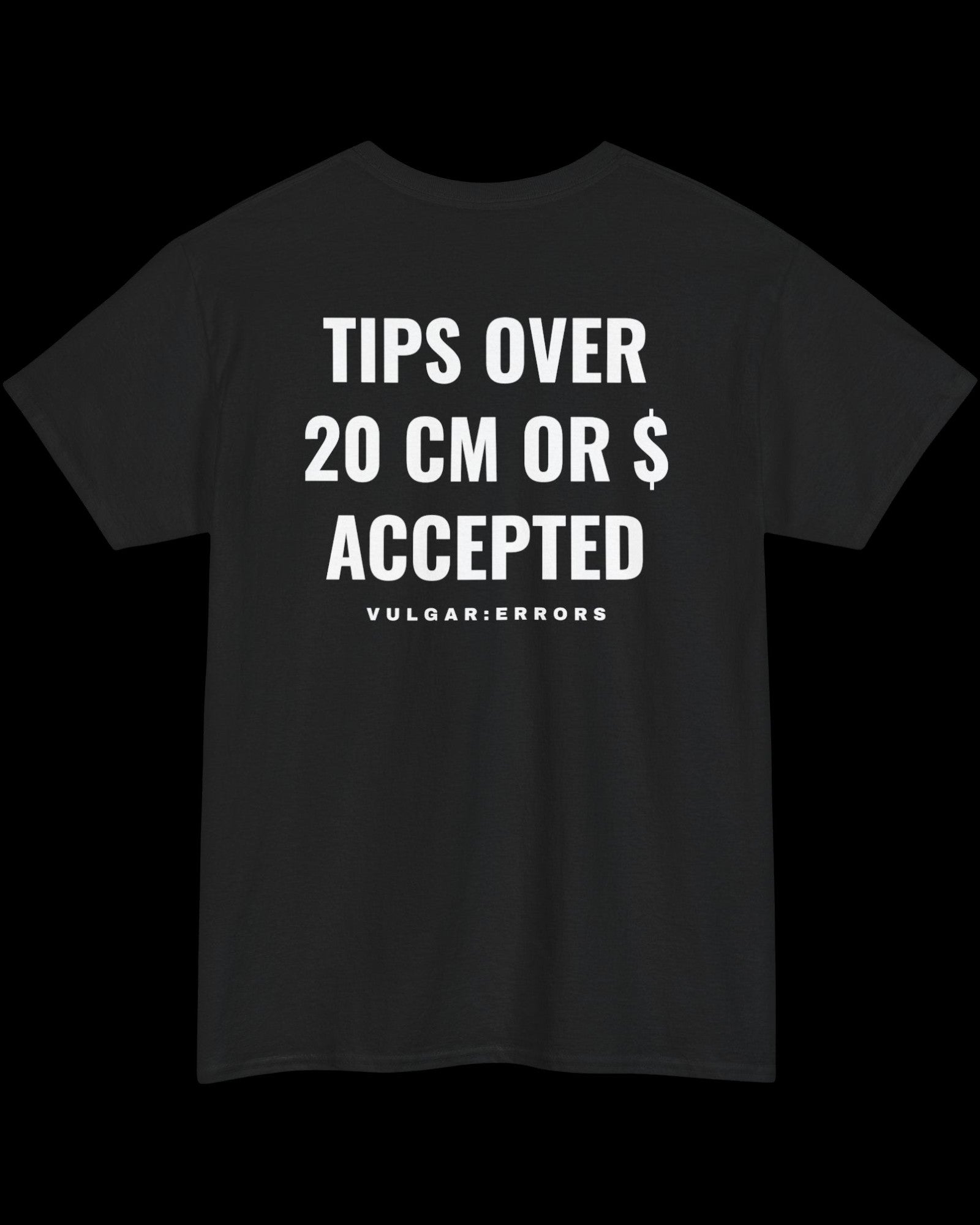 Front view of black T-shirt with small white Vulgar Errors chest logo and crew neck fit