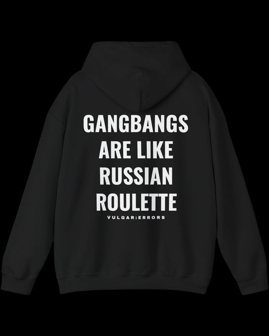 Vulgar Errors Russian Roulette Hoodie with large white back slogan print on black cotton