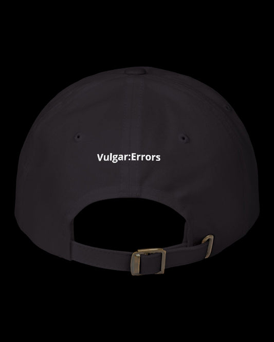 Back view of black hat showing adjustable strap and curved cap shape