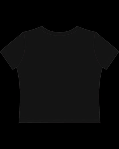 Detail view of fitted black baby tee showing cropped hem and fabric texture