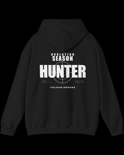 Vulgar Errors Ovulation Season Hunter Hoodie with large white back slogan print on black cotton