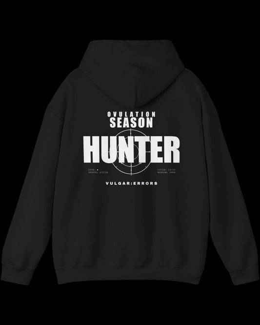 Vulgar Errors Ovulation Season Hunter Hoodie with large white back slogan print on black cotton