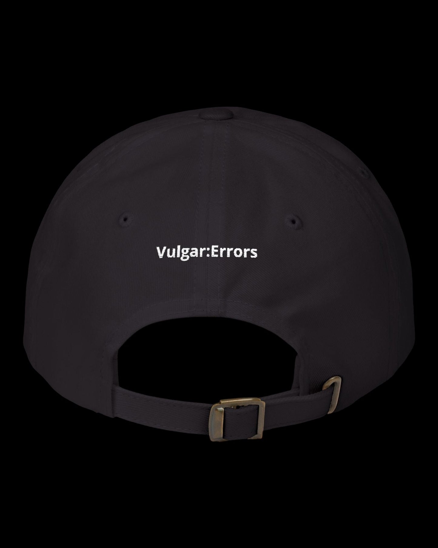 Back view of black hat showing adjustable strap and curved cap shape