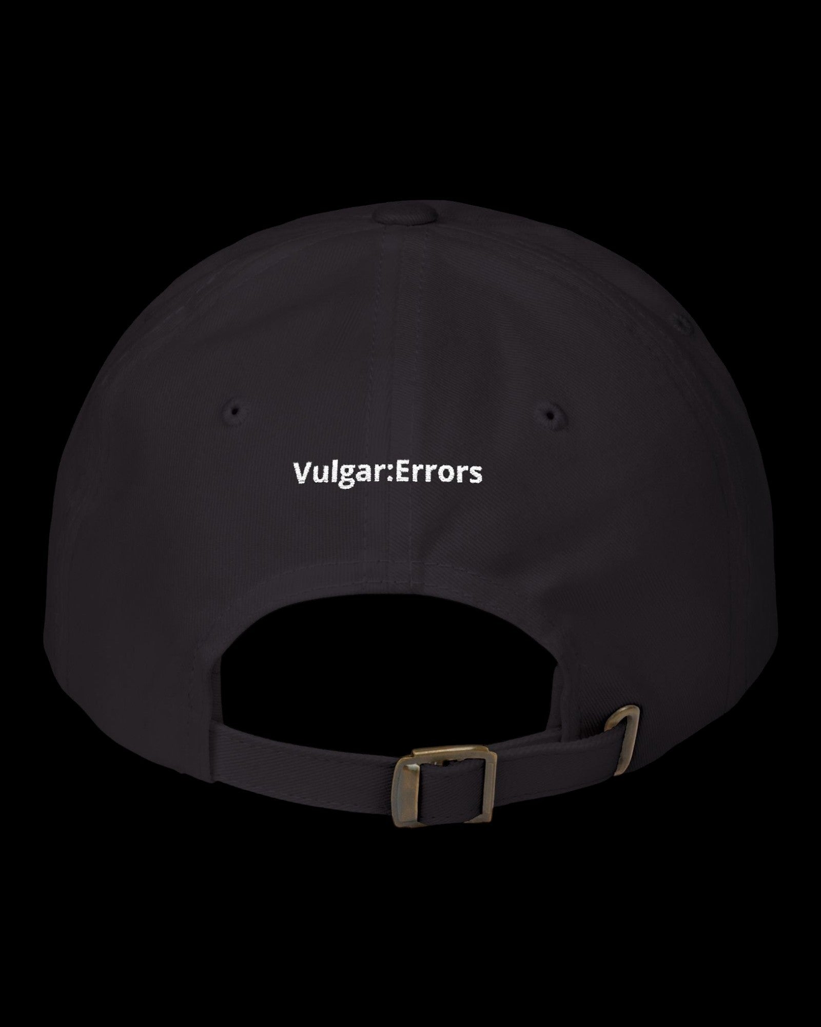 Back view of black hat showing adjustable strap and curved cap shape