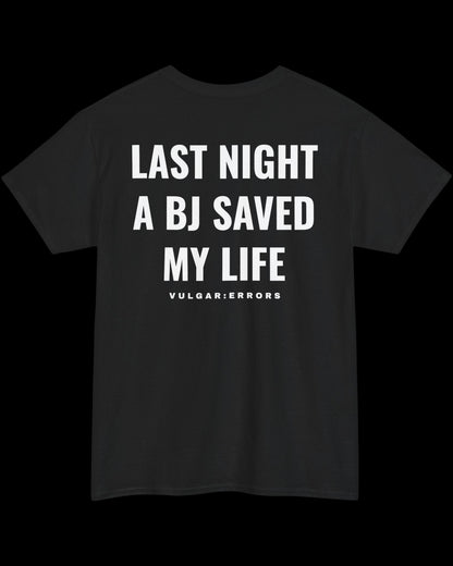 Vulgar Errors Last Night T-Shirt with large white back slogan print on black cotton