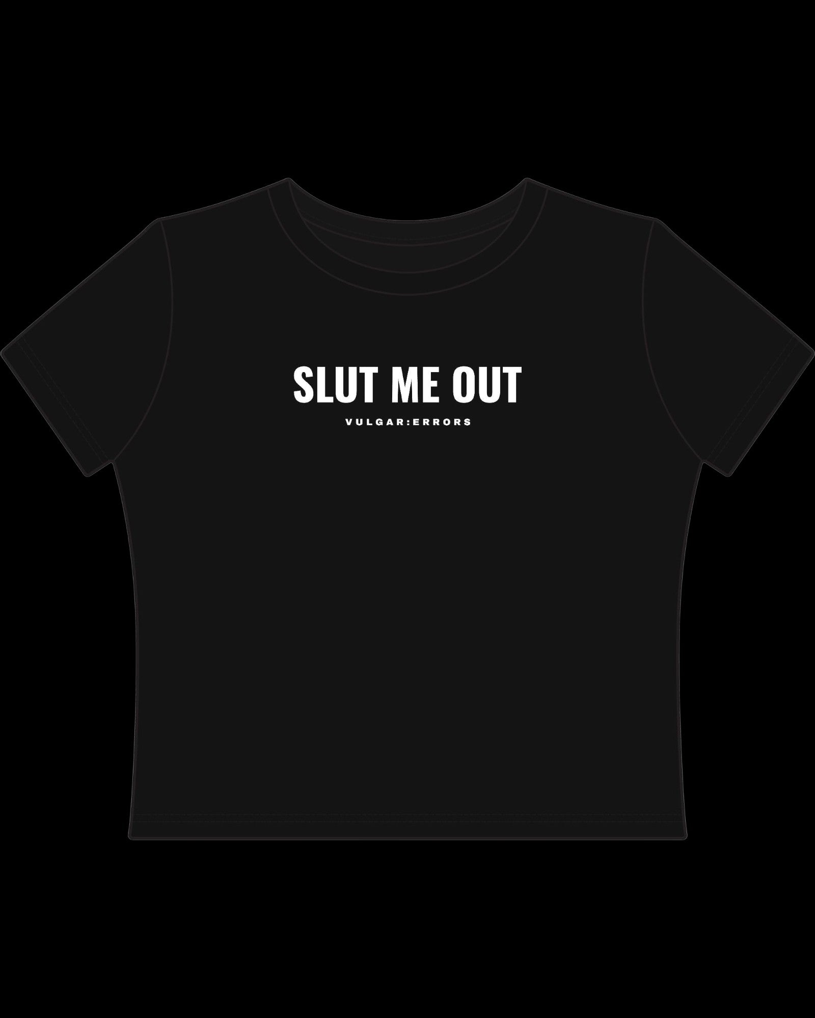 Vulgar Errors Rearrange My Guts Baby Tee with white chest slogan print on fitted black cotton