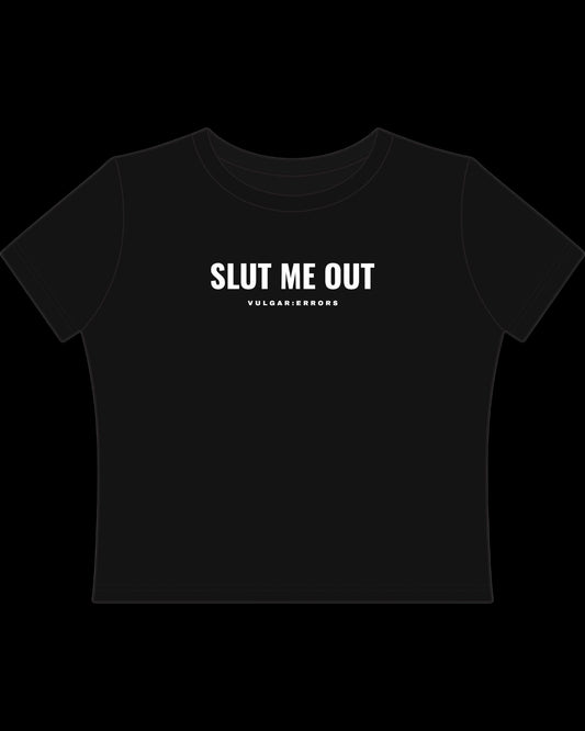 Vulgar Errors Rearrange My Guts Baby Tee with white chest slogan print on fitted black cotton