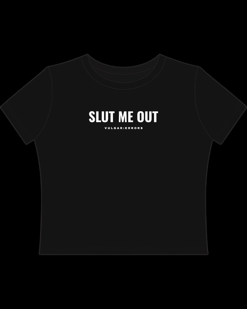 Vulgar Errors Rearrange My Guts Baby Tee with white chest slogan print on fitted black cotton