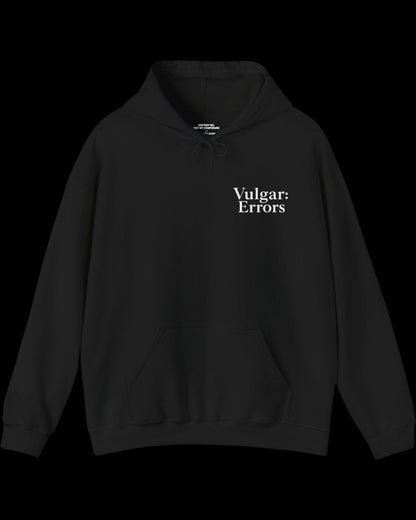 Front view of black hoodie with small white Vulgar Errors chest logo and crew neck fit