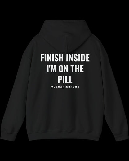 Vulgar Errors I'm On The Pill Hoodie with large white back slogan print on black cotton