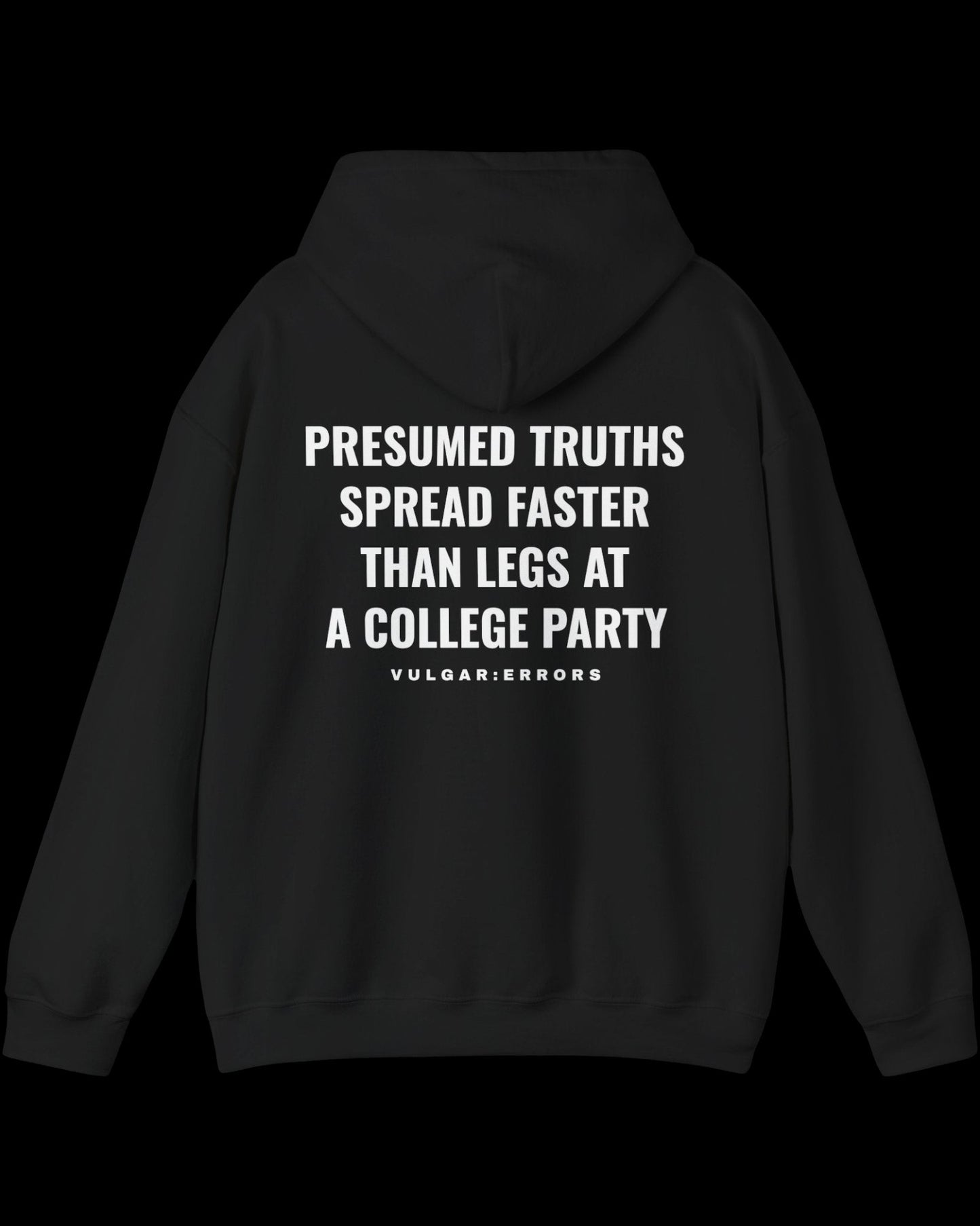 Front view of black hoodie with small white Vulgar Errors chest logo and crew neck fit