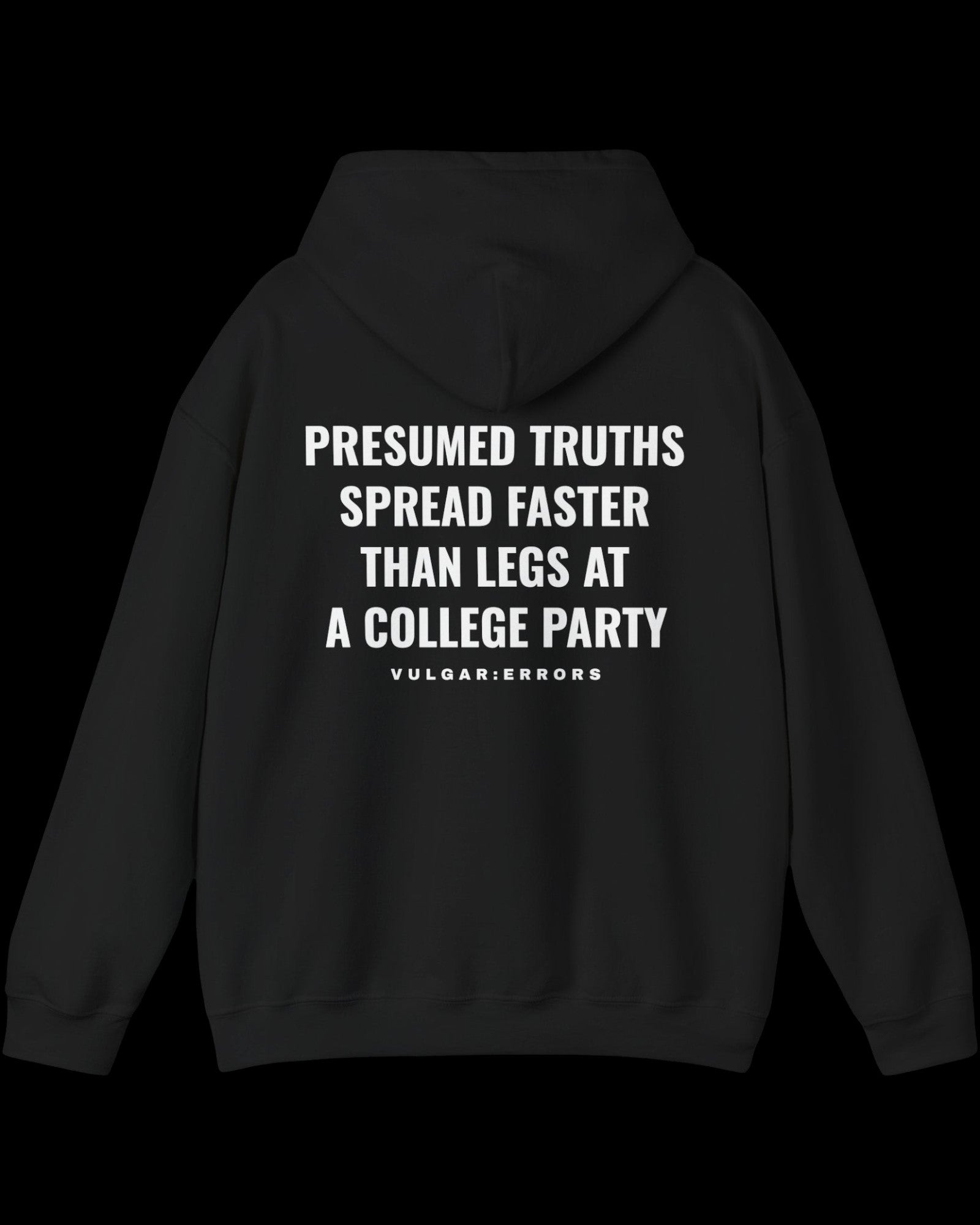 Front view of black hoodie with small white Vulgar Errors chest logo and crew neck fit